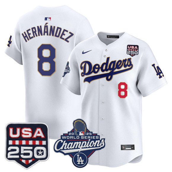 Men's White Los Angeles Dodgers 8 Kiké Hernández 2025 World Series Champions & 250America Patch Stitched Baseball Jersey